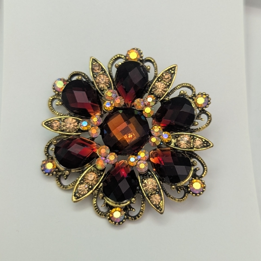 Vintage-Inspired Brooch Amber Rhinestone Aurora Borealis Statement Hardware 2"